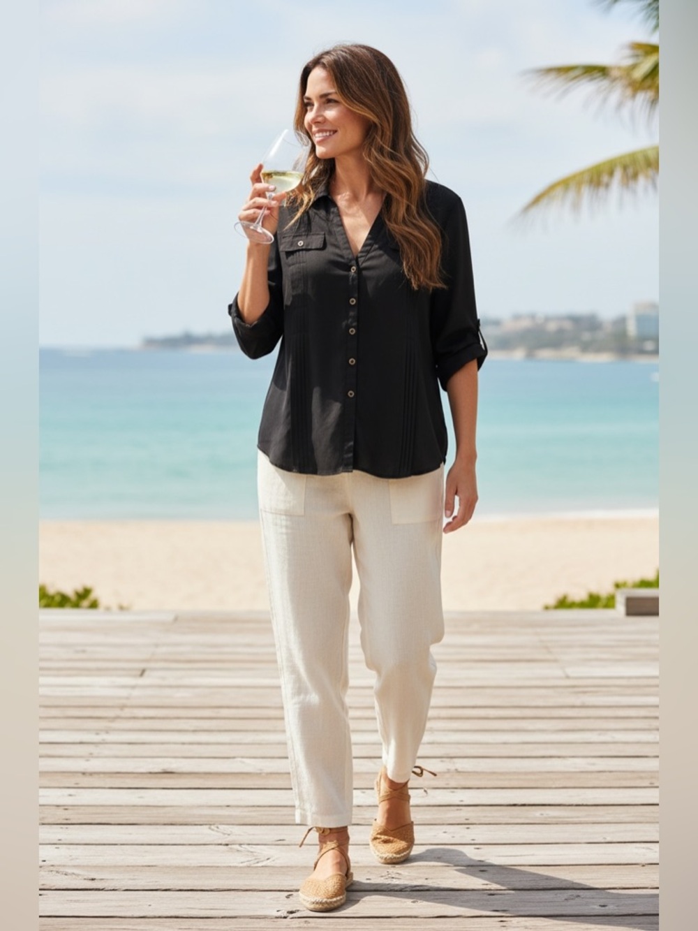 🖤 Biographie Black Button-Down Blouse | Roll Tab Sleeve | Size L